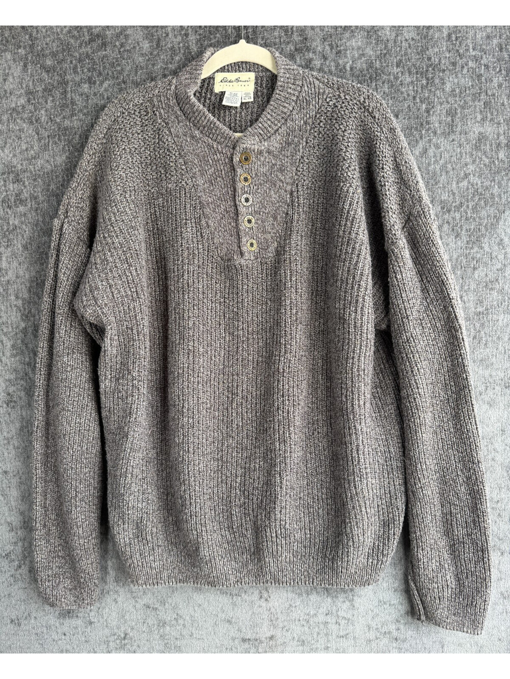 Vintage Eddie Bauer Henley Knit Sweater Mens XLT USA Made Heavyweight Brown Gray